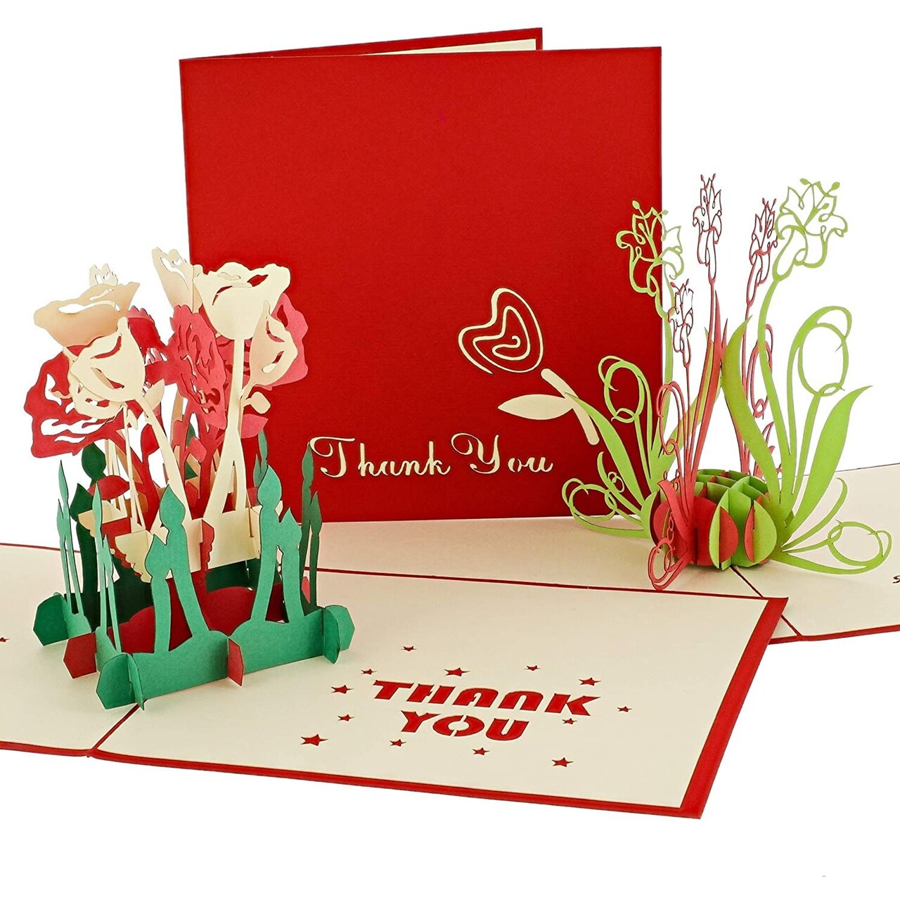 3D Thank You Cards with Envelopes, Pop Up Red Flowers (4.7 x 4.7 In, 3 Pack)